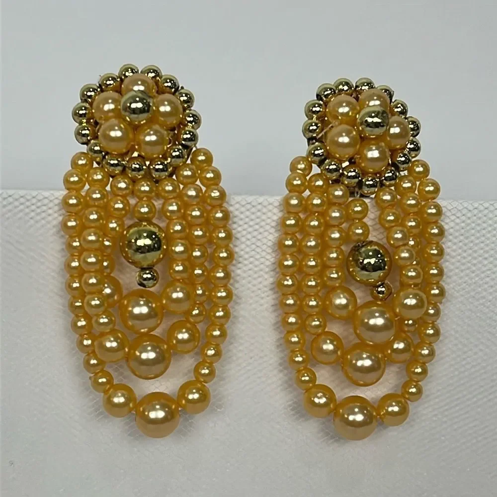 Vintage Faux Pearl Bead Gold Tone Cluster Strand Clip On Earrings OS Retro Glam